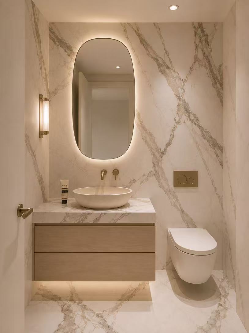 Bathroom vanity with marble wall and warm lighting